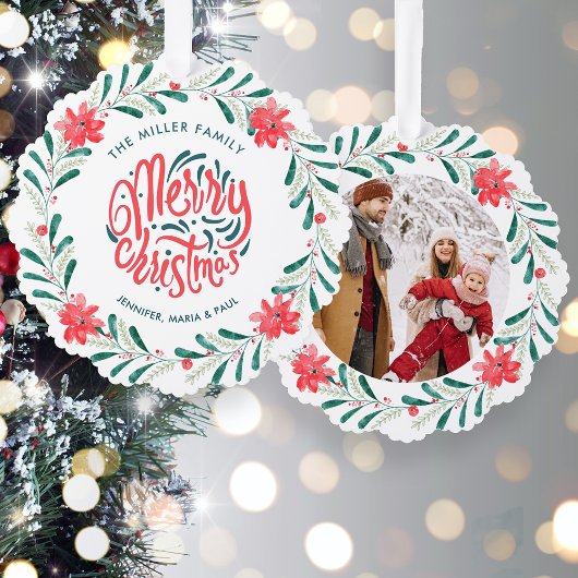 Weihnachten Wasserfarbengrün Blumenreath Foto Ornament Karte