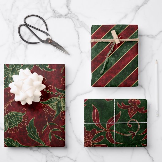 Weihnachten Weihnachten Imitate Velvet Rot Grün Geschenkpapier Set (Vorderseite)