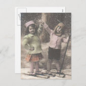 Weihnachten Weihnachten Postkartenkinder auf Ski (Vorne/Hinten)