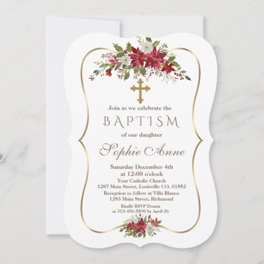 Weihnachten Weihnachten Rote weiße Poinsettia Tauf Einladung (Vorderseite)
