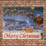 Weihnachten Weihnachten Weihnachten Weihnachten We Puzzle<br><div class="desc">Vintage Illustration Weihnachtsfeierdesign mit dem Weihnachtsmann,  dessen Rentier seinen Schlitten fliegen und an Heiligabend Spielzeug liefern. Der Weihnachtsmann fliegt über Dächer mit Schornsteinen des Schlafortes an dieser klaren,  schönen Nacht mit leuchtend leuchtenden Sternen. Text liest frohe Weihnachten.</div>