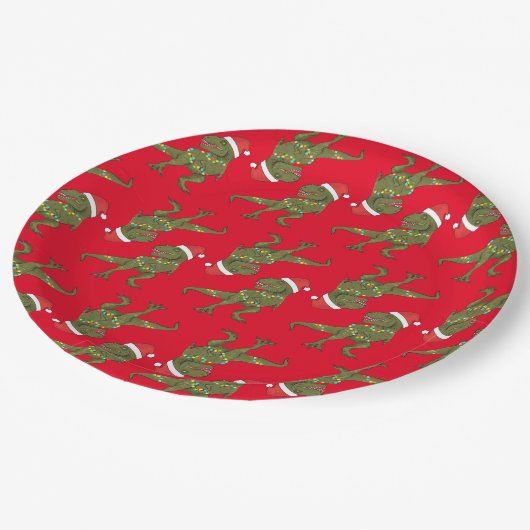 Weihnachten Weihnachtsfest T-Rex Santa Plate Pappteller (Schrägansicht)