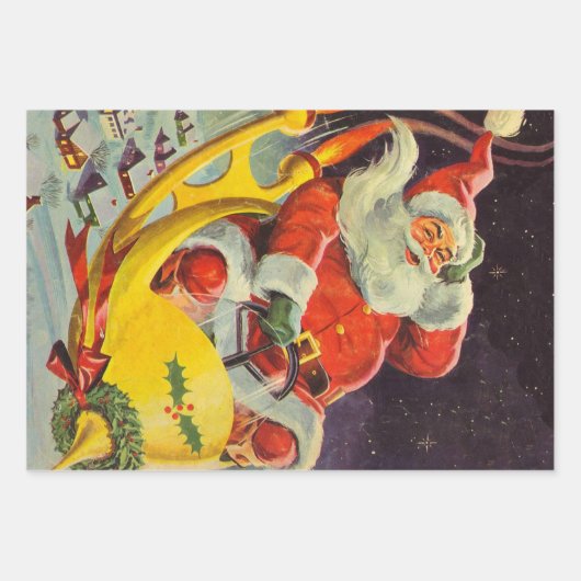 Weihnachten, Weihnachtsmann in einem Raumschiff Geschenkpapier Set (Vorderseite)