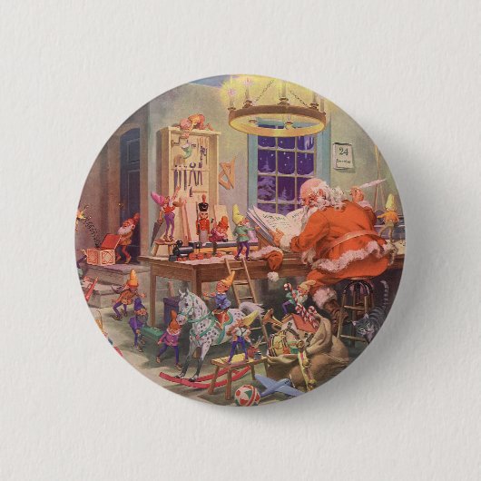 Weihnachten, Weihnachtsmann mit Elfen Workshop Button (Vorderseite)
