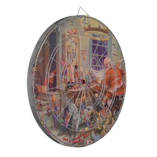 Weihnachten, Weihnachtsmann mit Elfen Workshop Dartscheibe (Vorderseite Links)