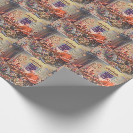 Weihnachten, Weihnachtsmann mit Elfen Workshop Geschenkpapier (Ecke)