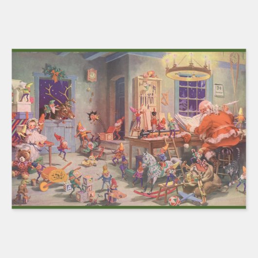 Weihnachten, Weihnachtsmann mit Elfen Workshop Geschenkpapier Set (Vorderseite 2)