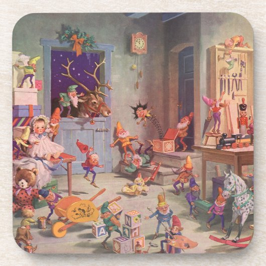 Weihnachten, Weihnachtsmann mit Elfen Workshop Getränkeuntersetzer (Vorderseite)