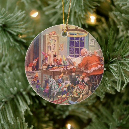 Weihnachten, Weihnachtsmann mit Elfen Workshop Keramikornament (Baum)