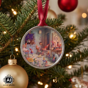 Weihnachten, Weihnachtsmann mit Elfen Workshop Ornament Aus Metall