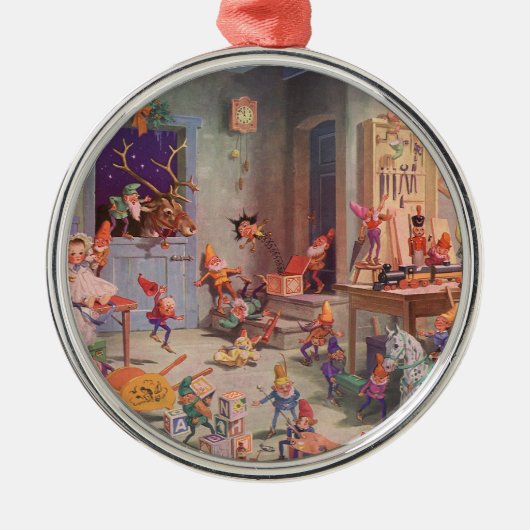 Weihnachten, Weihnachtsmann mit Elfen Workshop Ornament Aus Metall (Vorne)
