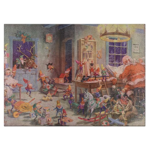 Weihnachten, Weihnachtsmann mit Elfen Workshop Schneidebrett (Vorderseite)