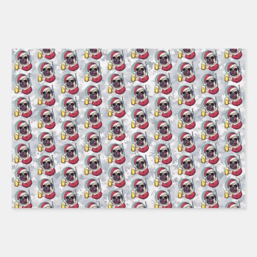 Weihnachten Weihnachtsmann Mops Cooles Bier Geschenkpapier Set (Vorderseite)