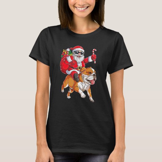 Weihnachten Weihnachtsmann Reiten English Bulldog T-Shirt (Vorderseite)