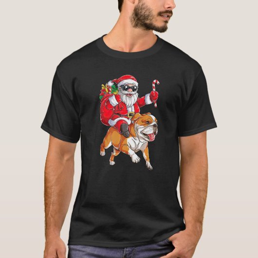 Weihnachten Weihnachtsmann Reiten English Bulldog T-Shirt (Vorderseite)