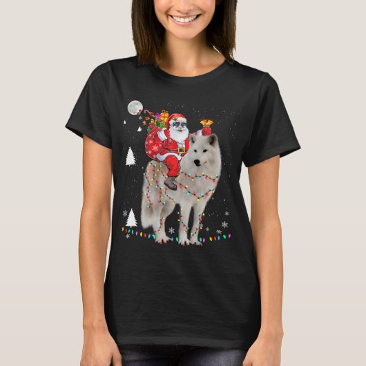 Weihnachten Weihnachtsmann Reiten Samoyed Lights X T-Shirt (Vorderseite)