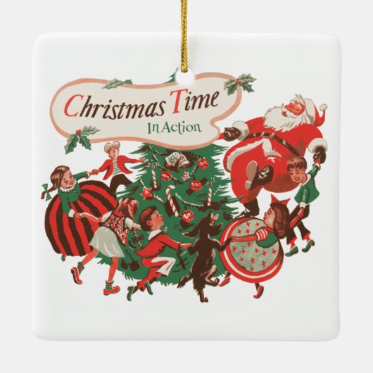 Weihnachten Weihnachtsmann und Tanzkinder Keramikornament (Rückseite)