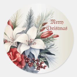 Weihnachten Weiß Rote Blumen Feiertage Elegant Runder Aufkleber