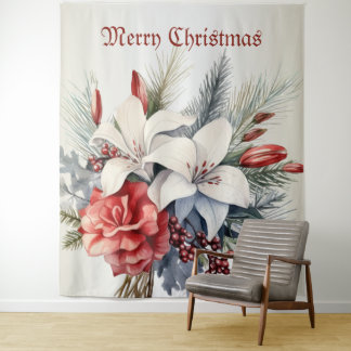 Weihnachten Weiß Rote Blumen Feiertage Elegant Wandteppich