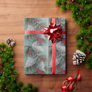 Weihnachten, weiße Kiefernzapfen, rote Beeren Retr Geschenkpapier