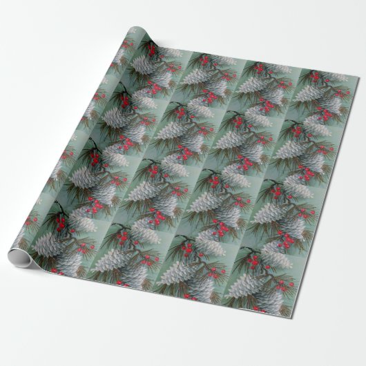 Weihnachten, Weißer Pine Cones Red Berries Retro Geschenkpapier (Ungerollt)