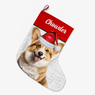 Weihnachten Welsh Corgi Name Woof Hintergrund Großer Weihnachtsstrumpf