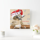 Weihnachten, Whimsical Cat Weiße Weihnachtsmannmüt Quadratische Wanduhr (Zuhause)