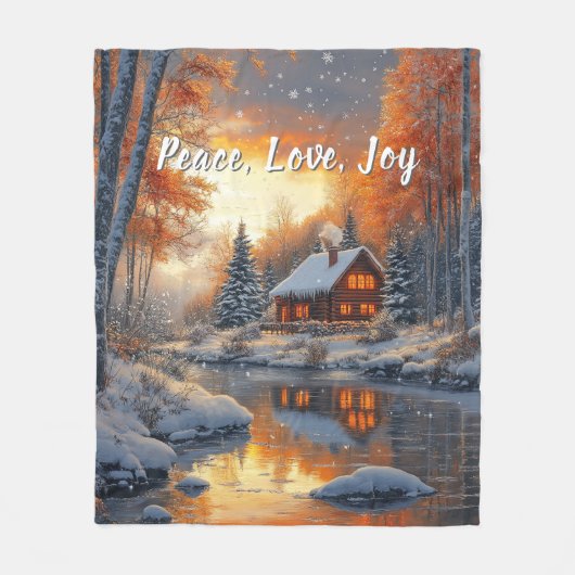 Weihnachten Winter Blockhütte Schnee Fluss Sonne   Fleecedecke (Vorderseite)