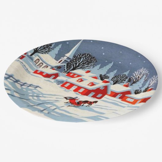 Weihnachten Winter Dorf Schnee Pappteller (Schrägansicht)