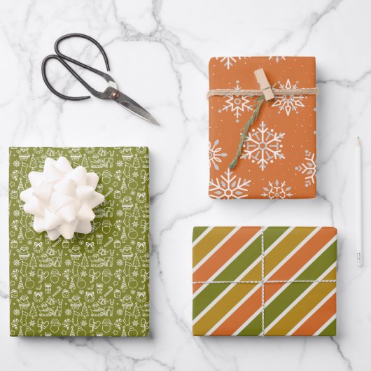 Weihnachten Winter Gedeckter Olive Orange Gold Fei Geschenkpapier Set (Vorderseite)