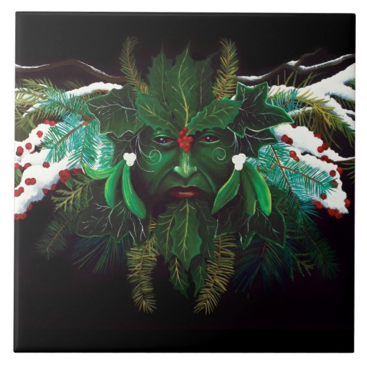 Weihnachten Winter Green Man Fliese (Vorderseite)