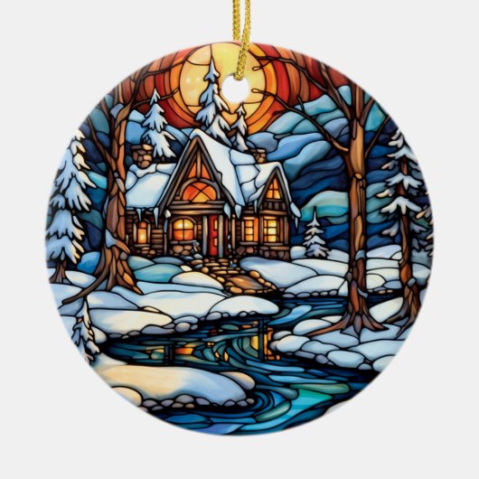Weihnachten Winter Landschaft Buntglasstil Keramik Ornament (Vorne)