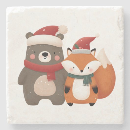 Weihnachten/Winter Niedlicher Bär & Fox Steinuntersetzer (Vorderseite)