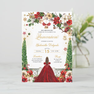 Weihnachten Winter Poinsettia Red Gold Quinceanera Einladung