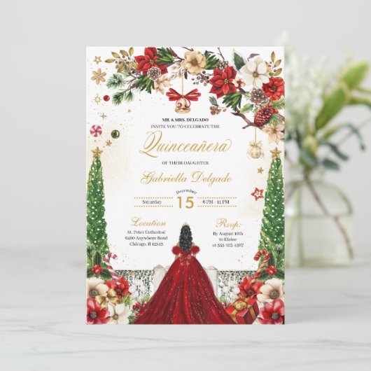 Weihnachten Winter Poinsettia Red Gold Quinceanera Einladung (Stehend Vorderseite)