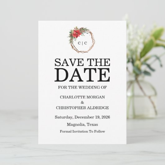 Weihnachten Winter Poinsettia Watercolor Save The Date (Stehend Vorderseite)