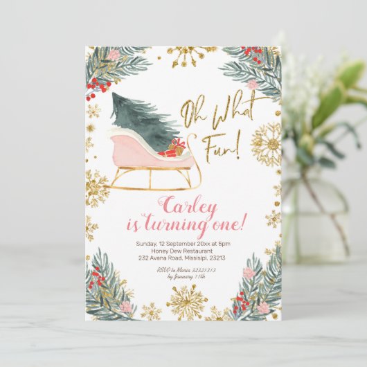 Weihnachten Winter Schlitten Oh, was Spaß am erste Einladung (Stehend Vorderseite)