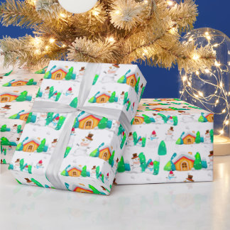 Weihnachten Winter Schneemann Hütte Bäume Geschenkpapier