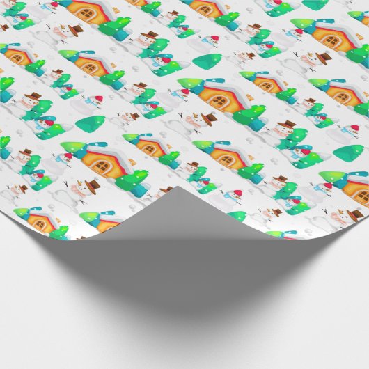 Weihnachten Winter Schneemann Hütte Bäume Geschenkpapier (Ecke)