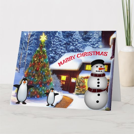 Weihnachten Winter Snowman & Penguin Freunde Karte (Vorderseite)