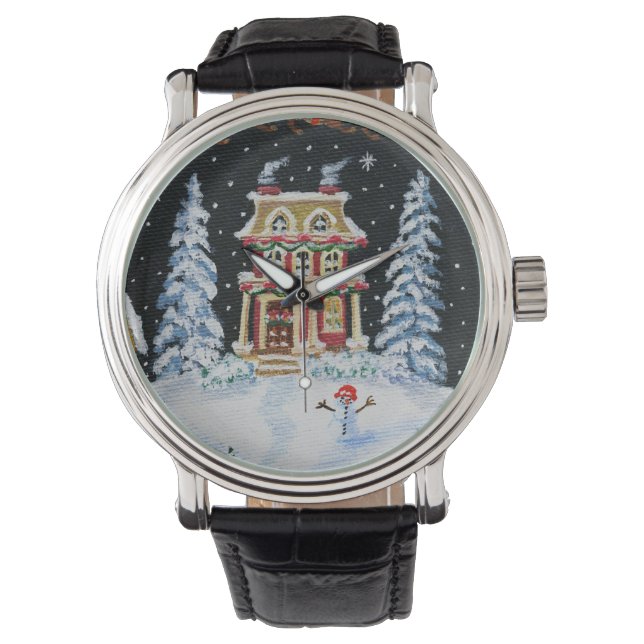 Weihnachten, Winter, Uhr, Schneemann, Haus, Schnee Armbanduhr (Vorderseite)