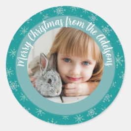 Weihnachten Winter Weiß & Aqua Schneeflocken Foto Runder Aufkleber