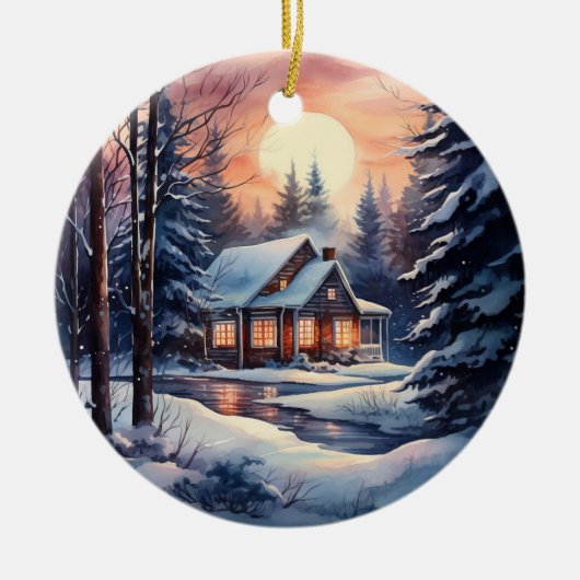 Weihnachten Winter Woodland Wasserfarbe Gemütliche Keramik Ornament (Vorne)