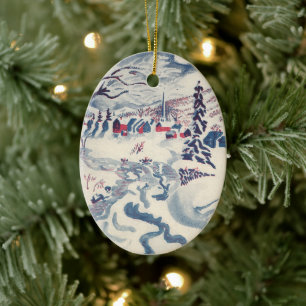 Weihnachten, Winterdorf Schnee Keramikornament