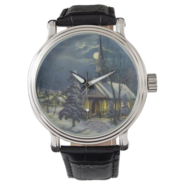 Weihnachten, Winterkirche im Schnee mit dem Mond Armbanduhr (Vorderseite)
