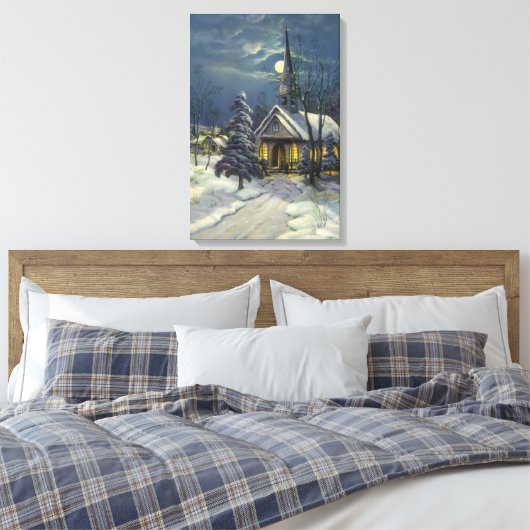 Weihnachten, Winterkirche im Schnee mit dem Mond Leinwanddruck (Insitu (Schlafzimmer))