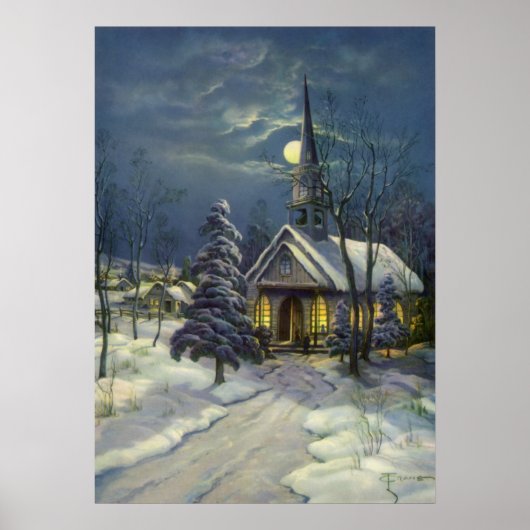Weihnachten, Winterkirche im Schnee mit dem Mond Poster (Vorne)