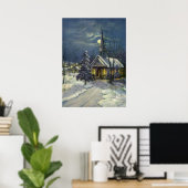 Weihnachten, Winterkirche im Schnee mit dem Mond Poster (Heimbüro)