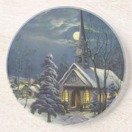 Weihnachten, Winterkirche im Schnee mit dem Mond Sandstein Untersetzer (Vorne)