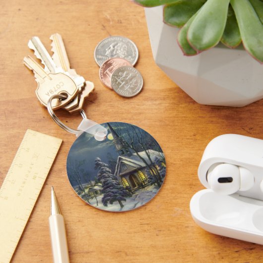 Weihnachten, Winterkirche im Schnee mit dem Mond Schlüsselanhänger (Schreibtisch)